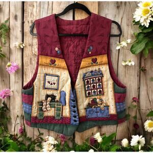 Vintage 90s Handmade Vest Women Red Sewing Cats Cottage Granny Needle quilting